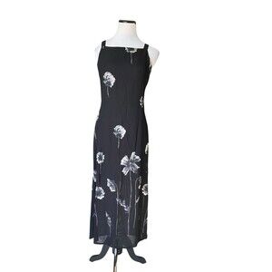 Vintage Casual Corner Sheer Floral Maxi Dress Size 8 Black Y2K Soft Grunge Fairy